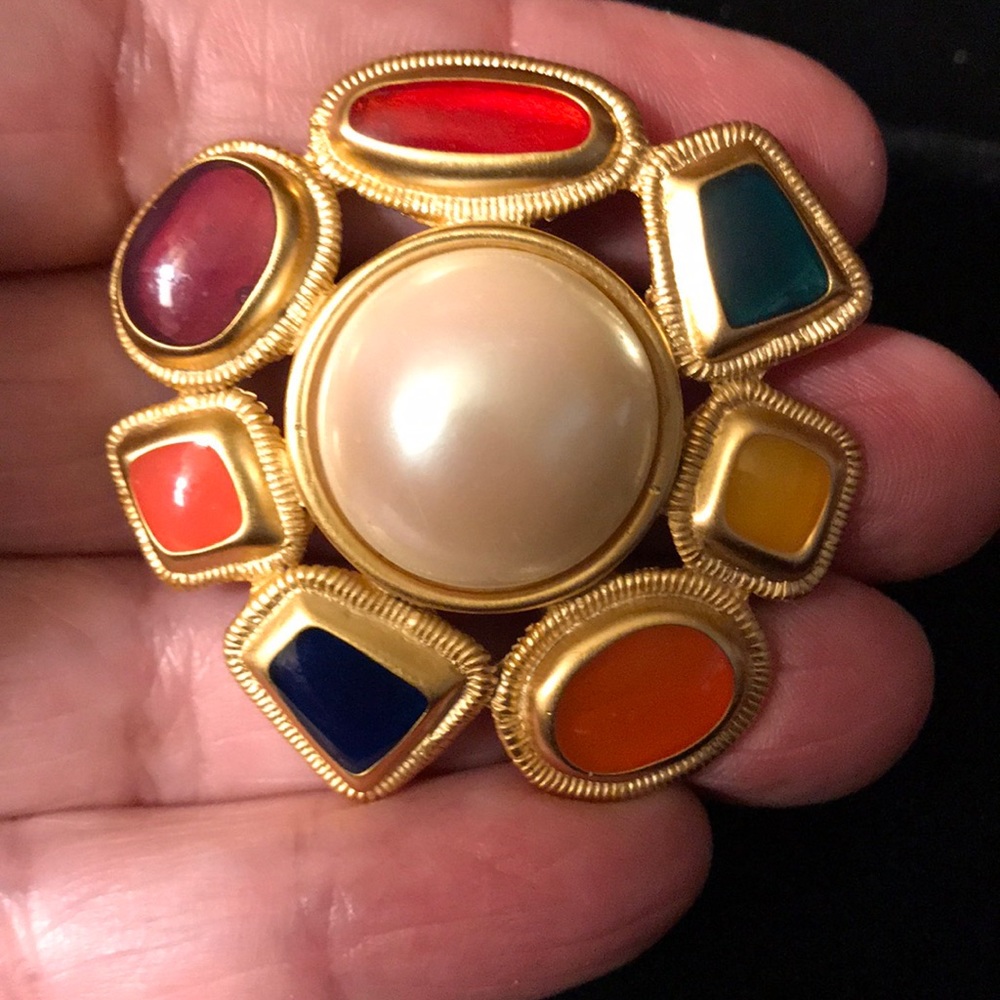 Colorful Estate Costume Brooch with Pearl